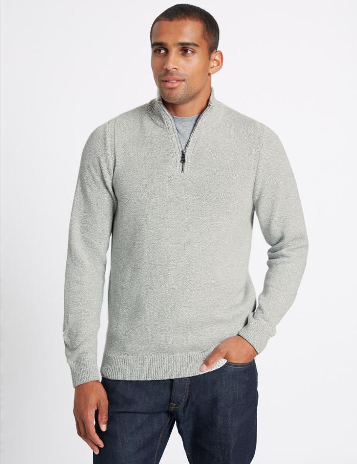 Marks & Spencer Cotton Rich Textured Half Zipped Jumper Winter White