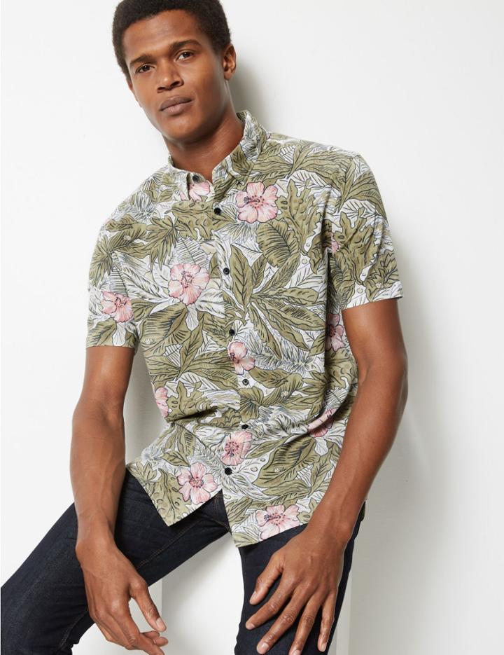 Marks & Spencer Cotton Rich Flower Print Shirt Green