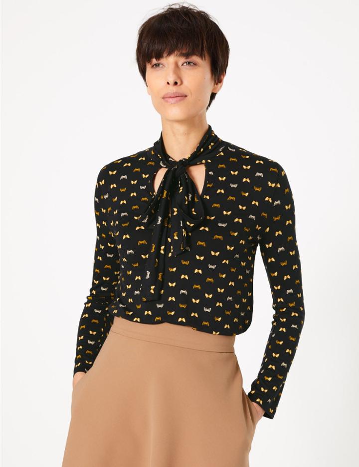 Marks & Spencer Butterfly Print Bow Detail Top Black Mix