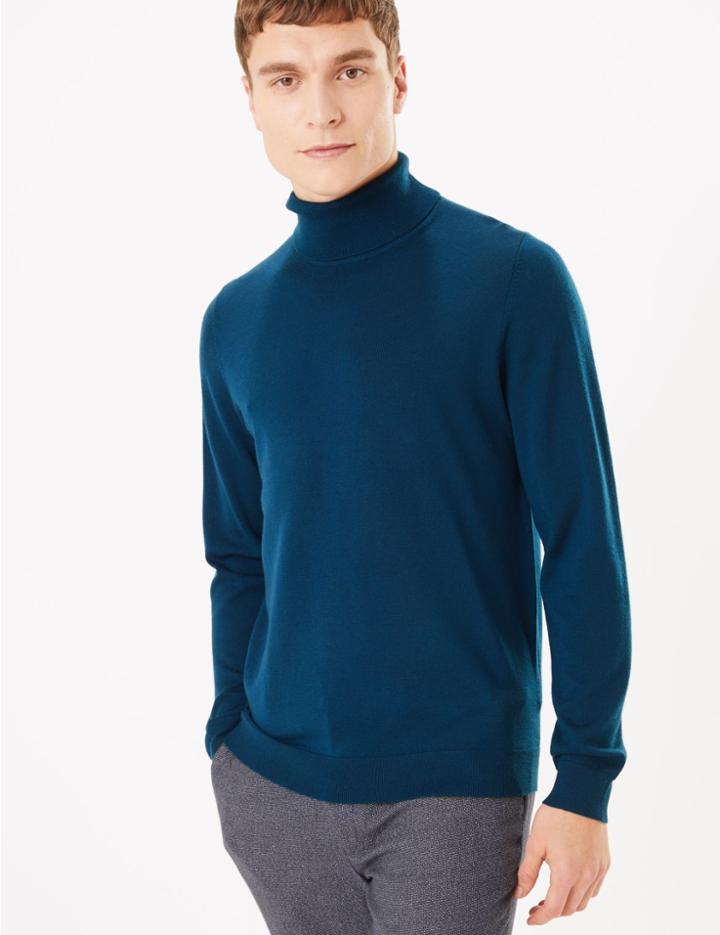 Marks & Spencer Pure Extra Fine Merino Wool Roll Neck Jumper Marine
