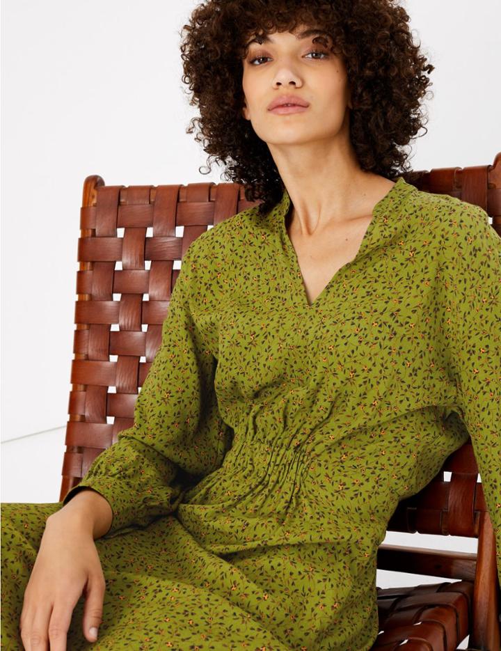 Marks & Spencer Ditsy Floral Waisted Midi Dress Green Mix