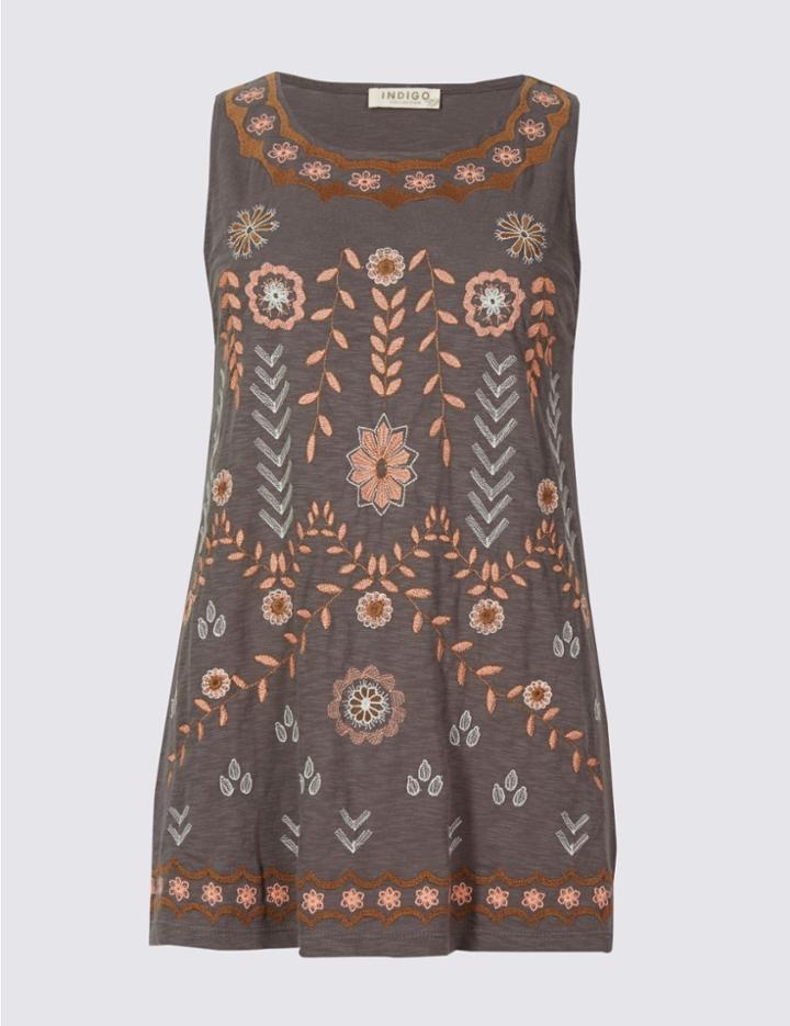 Marks & Spencer Pure Cotton Embroidered Jersey Top Charcoal Mix