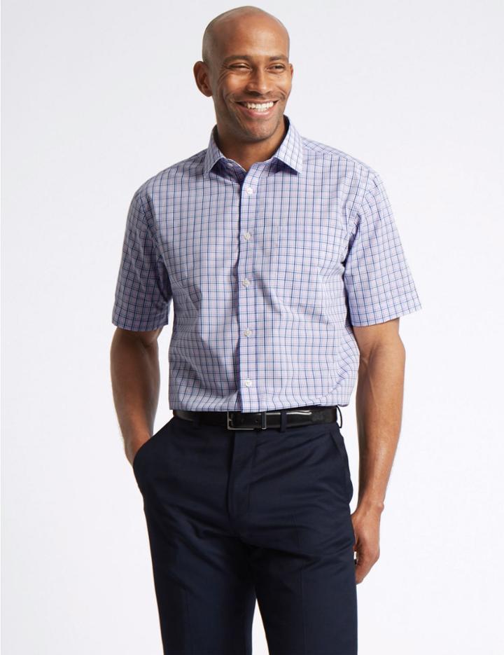 Marks & Spencer Cotton Rich Short Sleeve Regular Fit Shirt Pink Mix