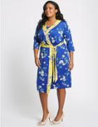 Marks & Spencer Curve Floral Print &frac34; Sleeve Wrap Midi Dress Blue Mix