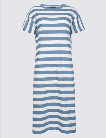 Marks & Spencer Cotton Rich Striped T-shirt Midi Dress Chambray Mix