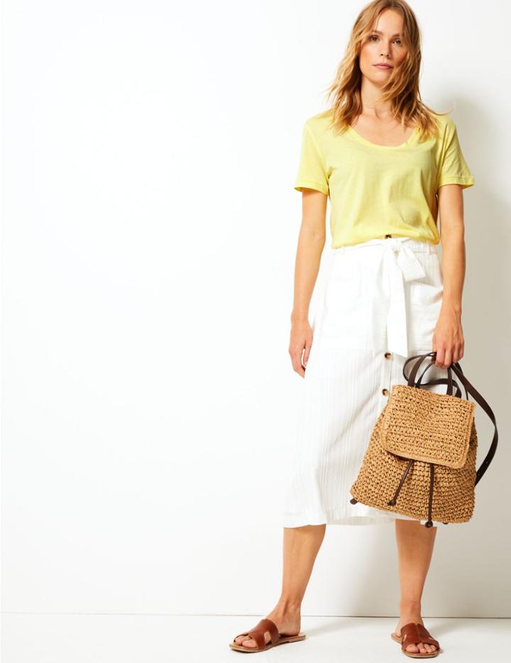 Marks & Spencer Pure Cotton Scoop Neck Straight T-shirt Yellow