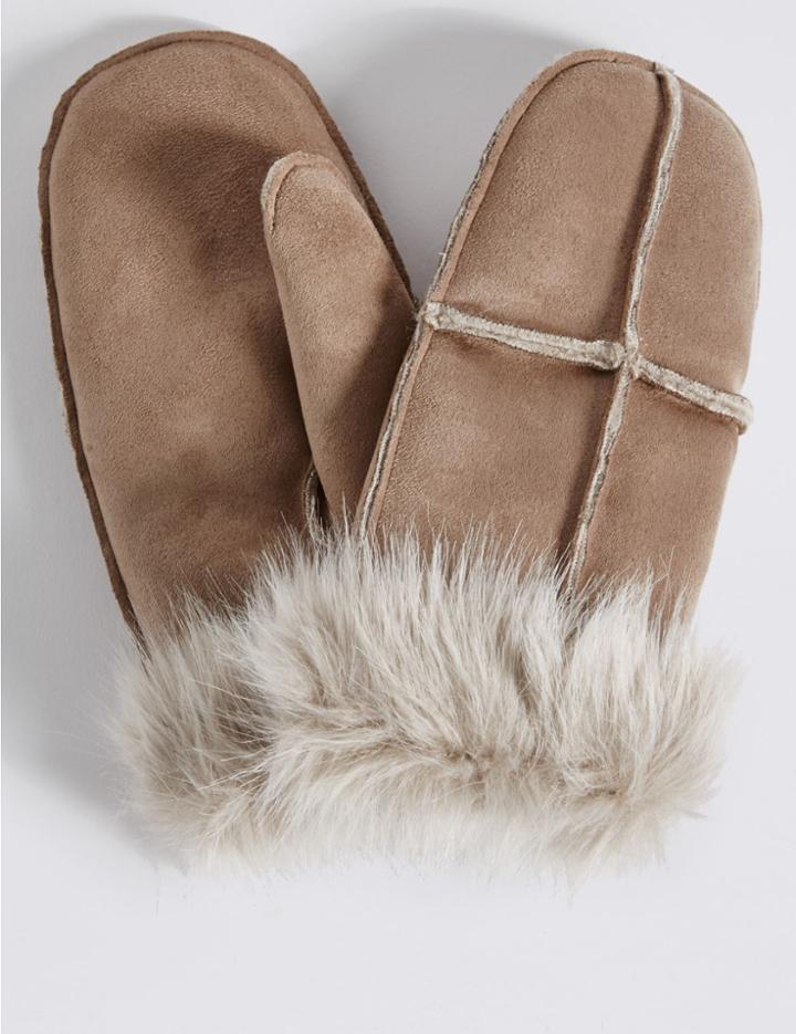 Marks & Spencer Fur Mitten Gloves Natural