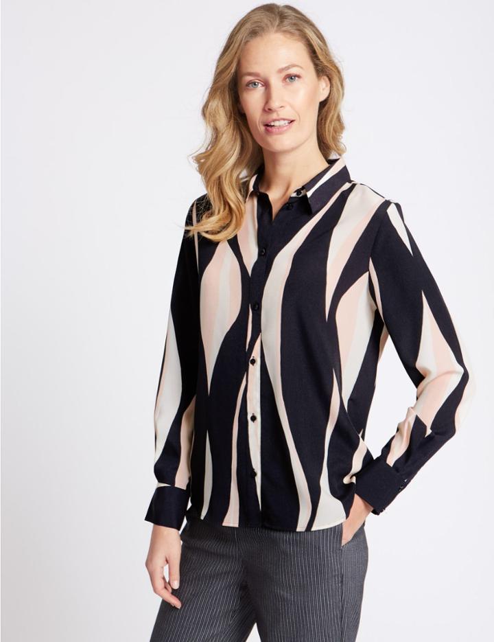Marks & Spencer Printed Long Sleeve Crepe Shirt Navy Mix