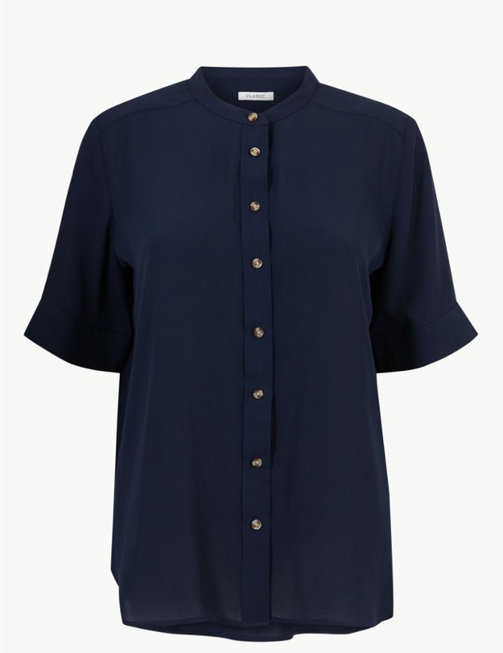 Marks & Spencer Button Detailed Short Sleeve Shirt Navy