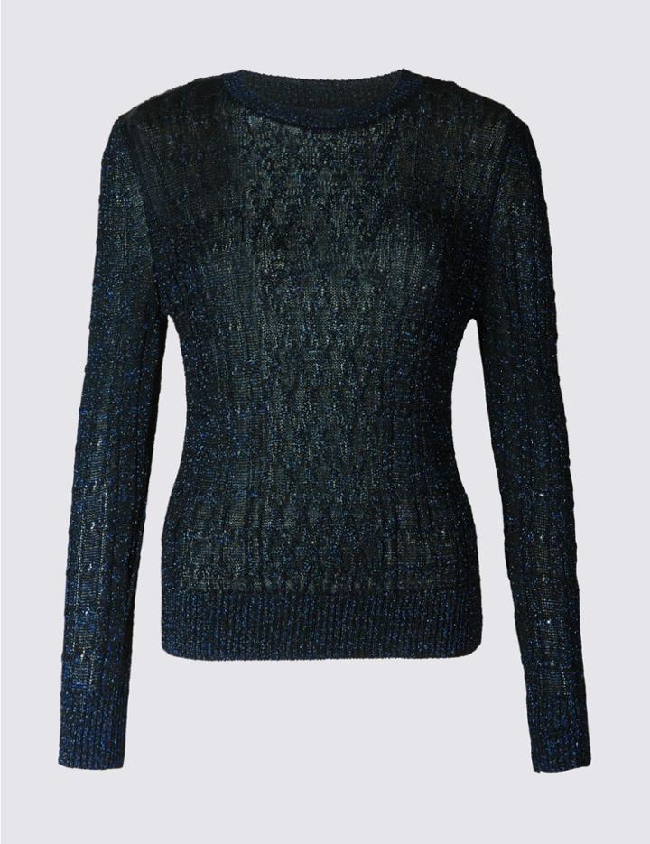 Marks & Spencer Textured Metallic Cable Knit Jumper Cobalt