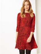 Marks & Spencer Animal Print 3/4 Sleeve Swing Mini Dress Red Mix