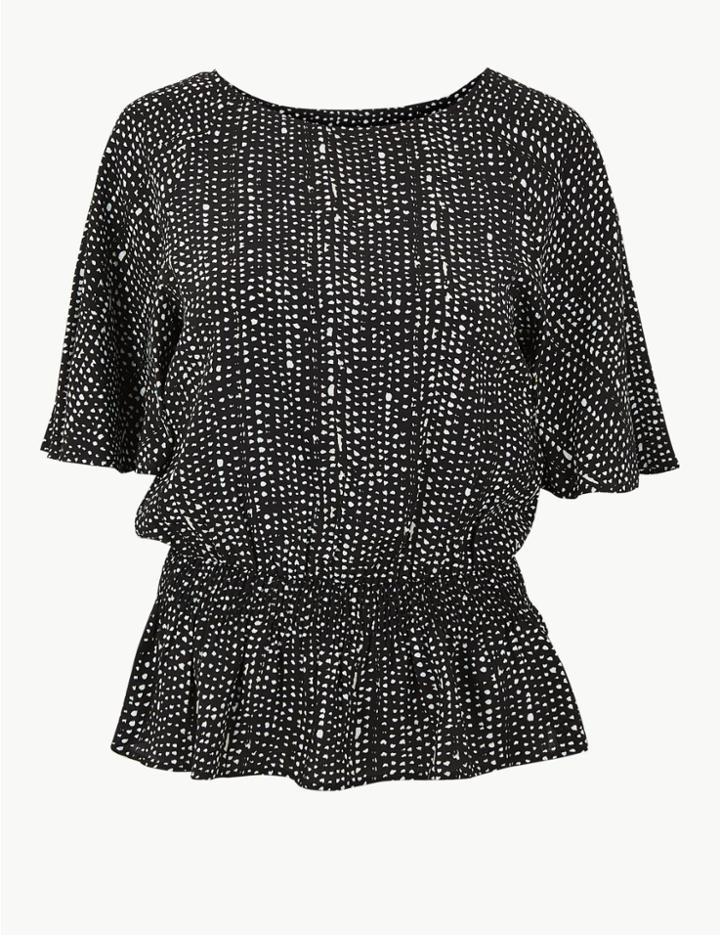 Marks & Spencer Polka Dot Smocked Waist Blouse Black Mix