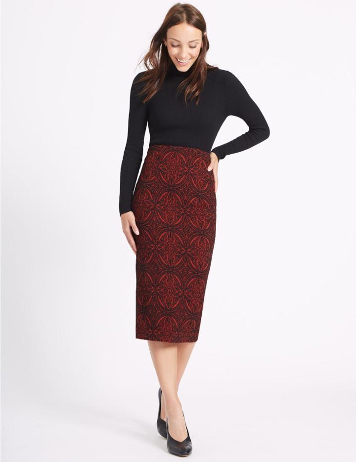 Marks & Spencer Paisley Print Pencil Midi Skirt Red Mix