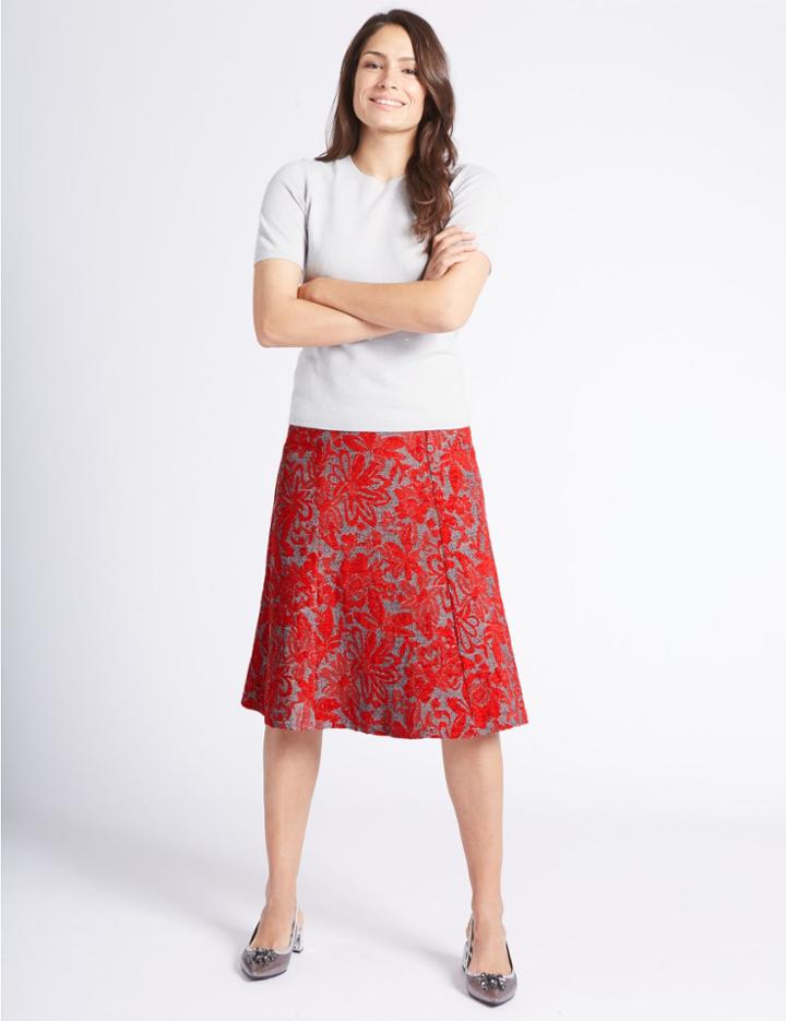 Marks & Spencer Floral Print A-line Midi Skirt Red Mix