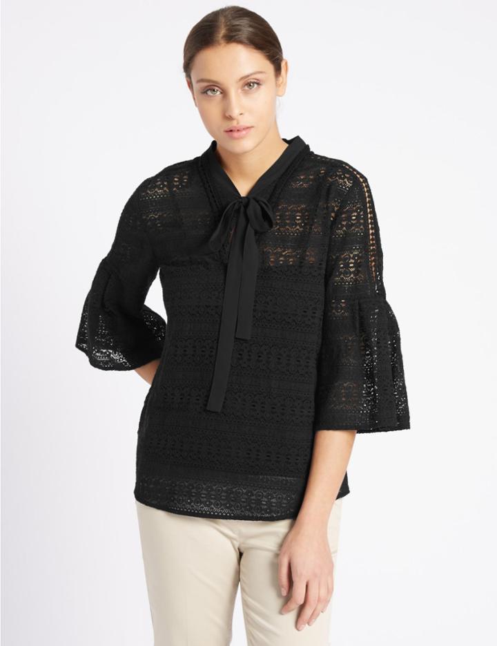 Marks & Spencer Lace Collared Neck Long Sleeve Jersey Top Black