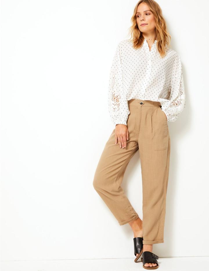 Marks & Spencer Linen Blend Ankle Grazer Peg Trousers Camel