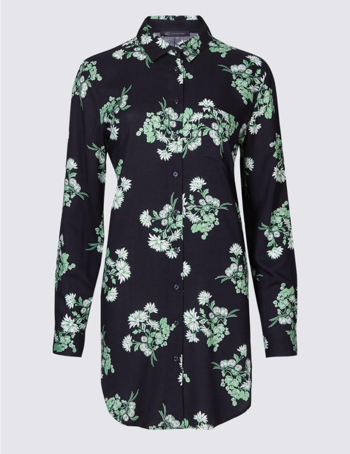 Marks & Spencer Floral Print Longline Long Sleeve Shirt Navy