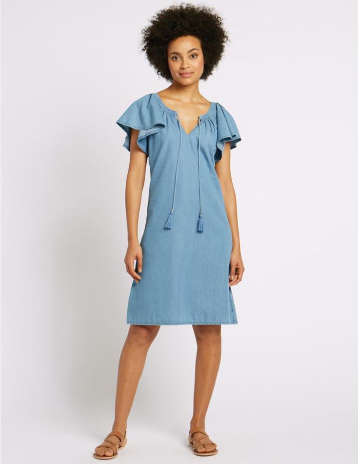 Marks & Spencer Cotton Rich Flutter Sleeve Swing Mini Dress Chambray