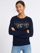 Marks & Spencer Sparkle Round Neck Jumper Navy Mix