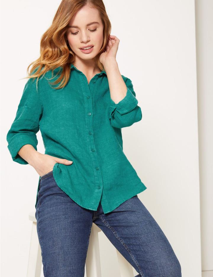 Marks & Spencer Petite Pure Linen Button Detailed Shirt Bright Pink