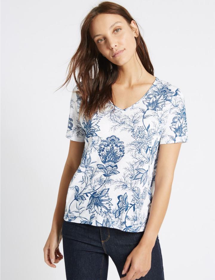 Marks & Spencer Linen Blend Floral Print T-shirt Navy Mix