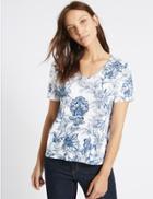 Marks & Spencer Linen Blend Floral Print T-shirt Navy Mix