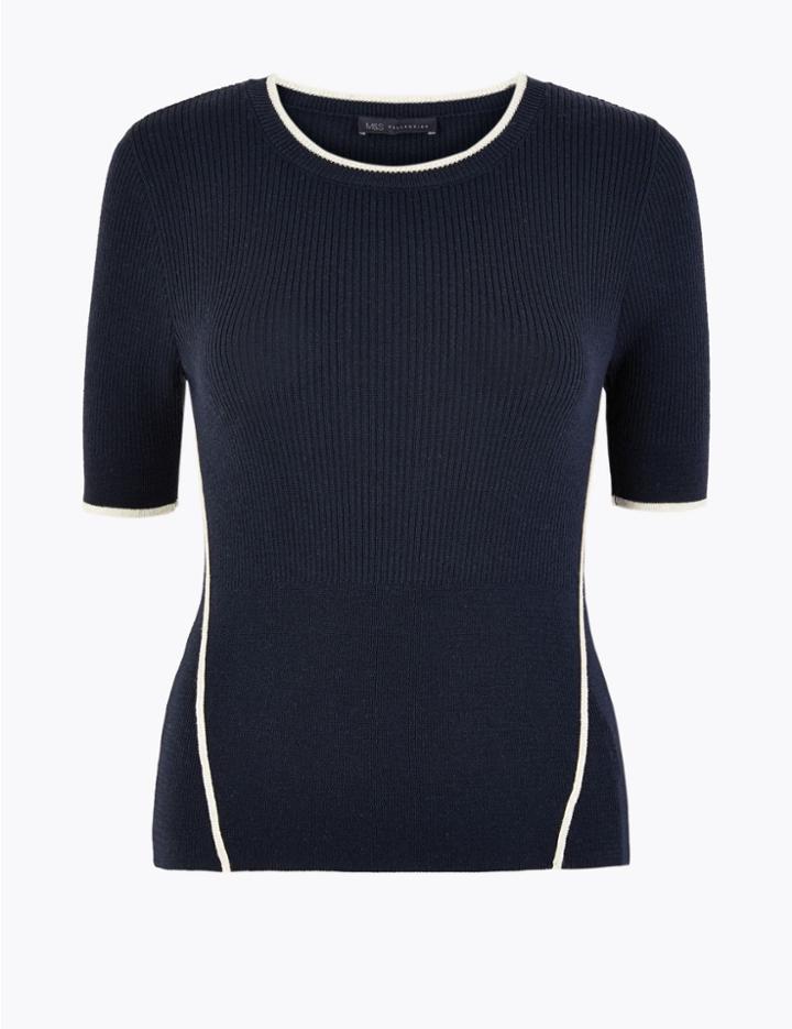 Marks & Spencer Knitted Short Sleeve Top With Linen Navy