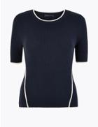 Marks & Spencer Knitted Short Sleeve Top With Linen Navy