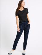 Marks & Spencer Spotted Jersey Tapered Leg Peg Trousers Navy Mix
