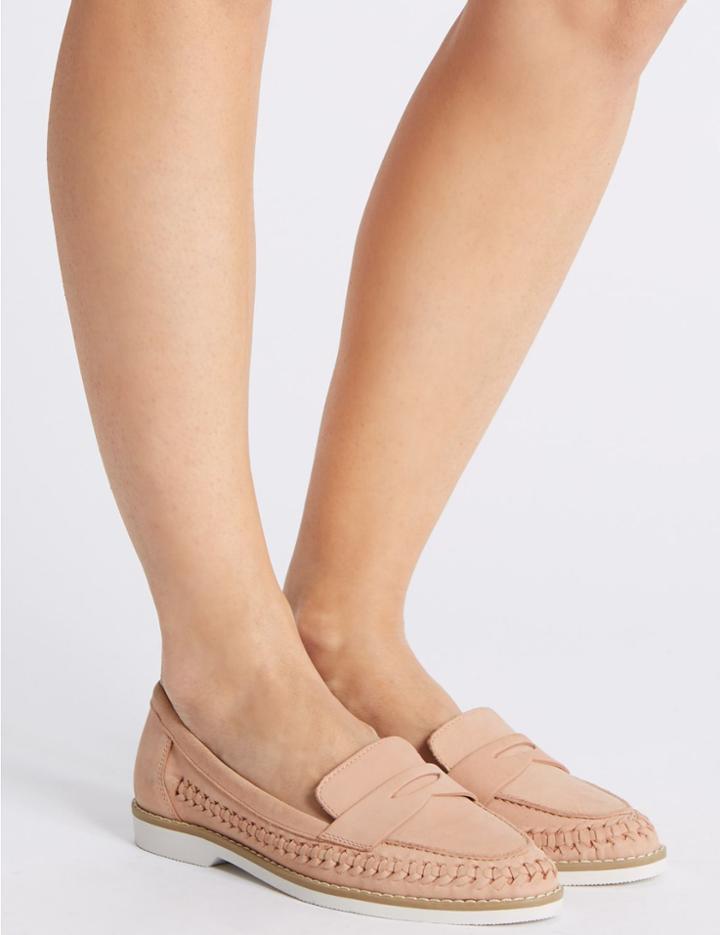 Marks & Spencer Leather Woven Side Detail Loafers Blush