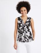 Marks & Spencer Floral Print Frill Detail Shell Top Black Mix