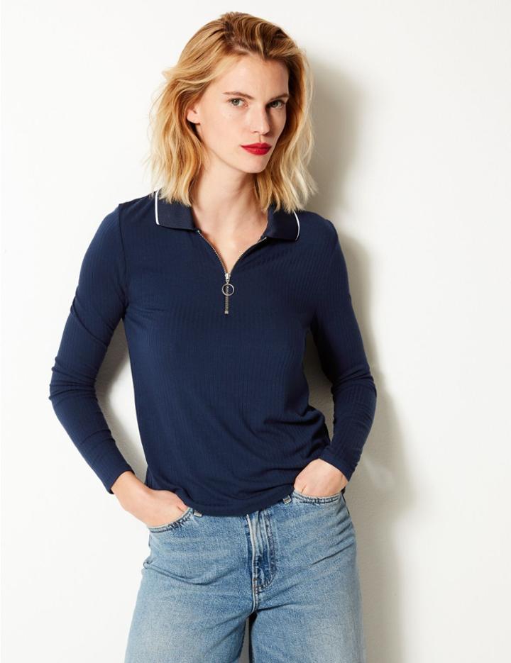 Marks & Spencer Textured Long Sleeve Polo Shirt Navy