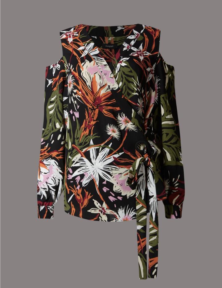 Marks & Spencer Floral Print Cold Shoulder Tie Side Blouse Black