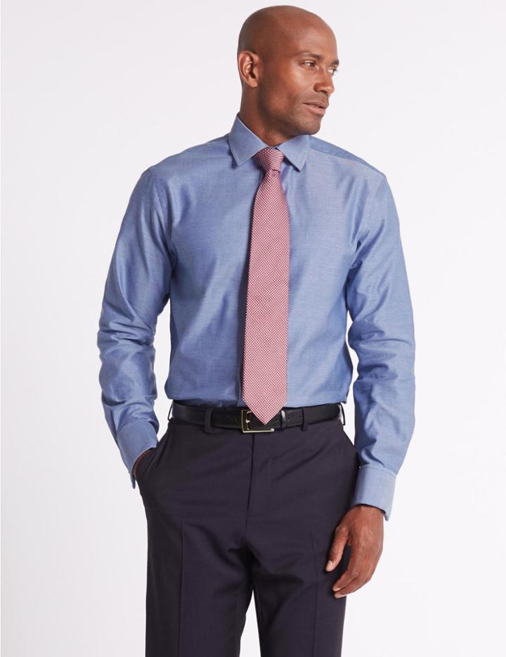 Marks & Spencer Pure Cotton Regular Fit Textured Shirt Dark Navy Mix