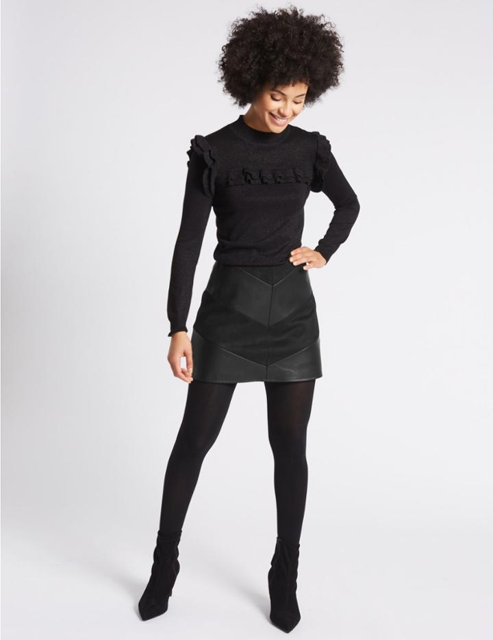 Marks & Spencer Faux Leather Chevron A-line Mini Skirt Black