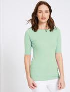 Marks & Spencer Pure Cotton Slash Neck Half Sleeve T-shirt Pale Green