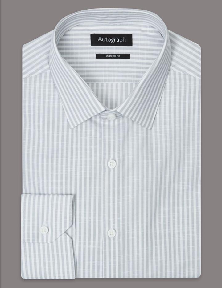 Marks & Spencer Pure Cotton Tailored Fit Striped Shirt Grey Mix