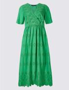 Marks & Spencer Pure Cotton Embroidered Skater Midi Dress Green