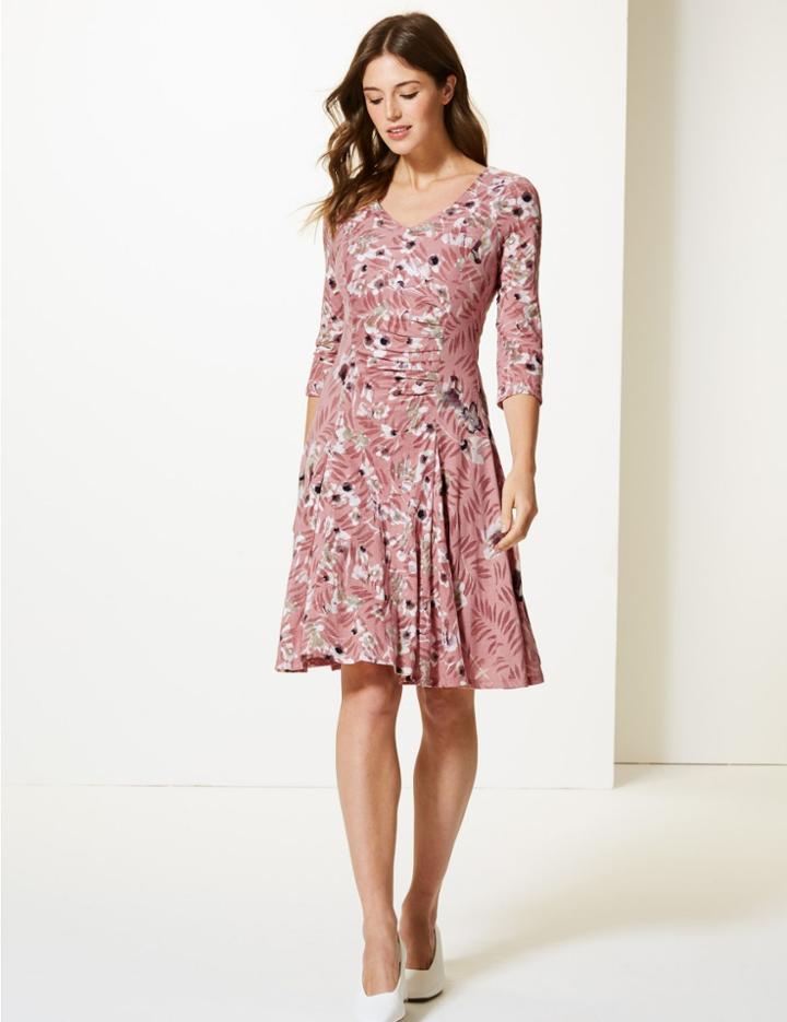 Marks & Spencer Floral Print Waisted Dress Pink Mix