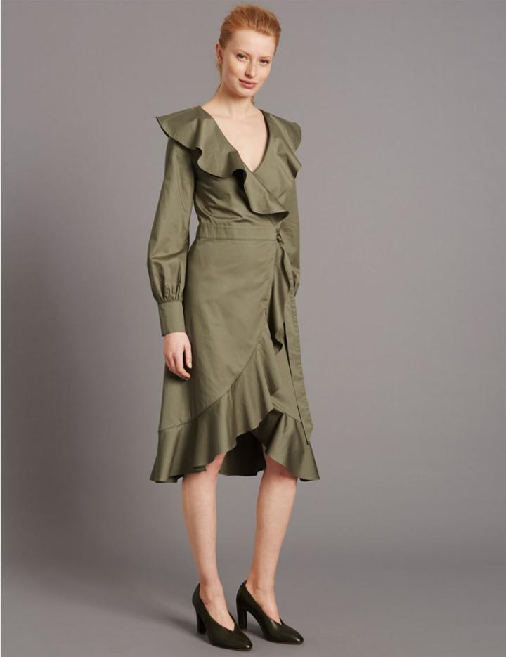 Marks & Spencer Pure Cotton Tie Front Frill Wrap Dress Khaki