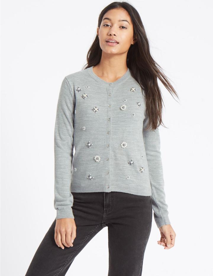 Marks & Spencer Embroidered Long Sleeve Cardigan Grey Marl