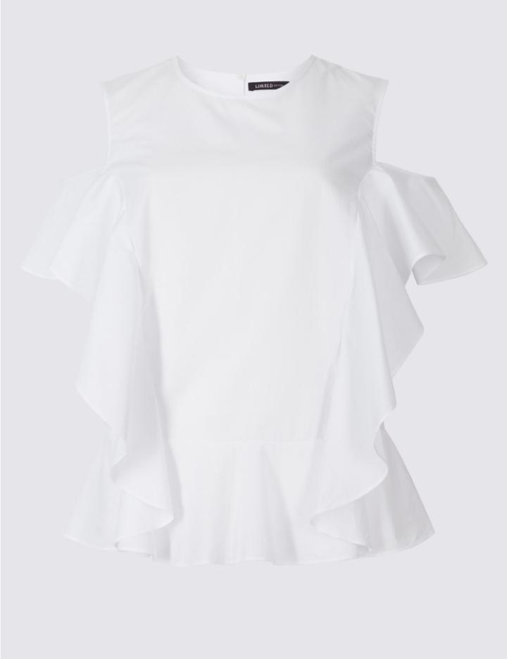 Marks & Spencer Pure Cotton Ruffle Cold Shoulder Shell Top Soft White