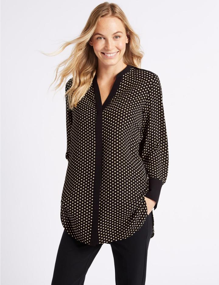 Marks & Spencer Spotted Notch Neck Long Sleeve Tunic Black Mix