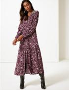 Marks & Spencer Floral Print Long Sleeve Shirt Maxi Dress Plum Mix