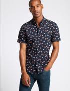 Marks & Spencer Pure Cotton Slim Fit Fish Print Shirt Navy