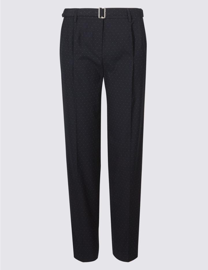 Marks & Spencer Tapered Pinspot Belted Trousers Navy Mix