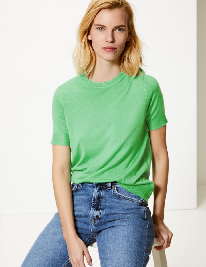 Marks & Spencer Round Neck Short Sleeve Jumper Fresh Green