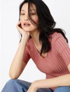 Marks & Spencer Ribbed V-neck Short Sleeve Knitted Top Hot Bronze