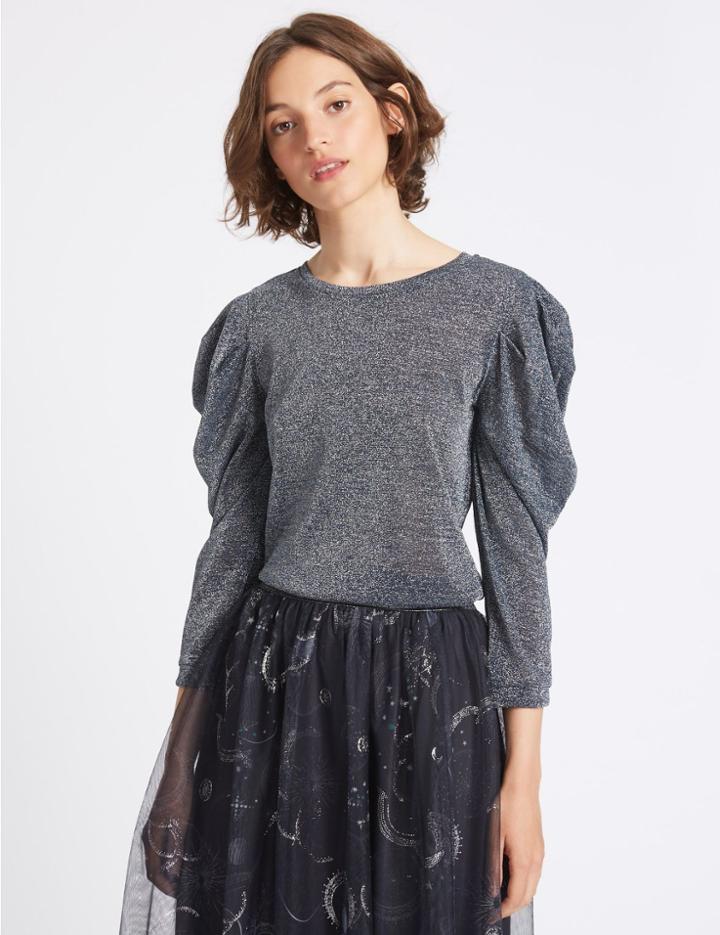 Marks & Spencer Metallic Round Neck Puff Sleeve T-shirt Blue