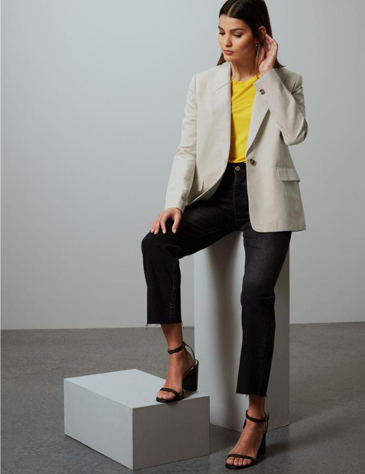 Marks & Spencer Cotton Rich Single Breasted Blazer With Linen Neutral